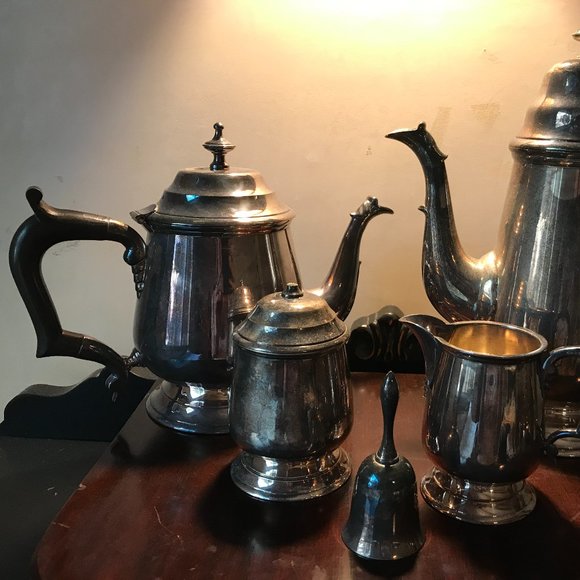 Antique Patinated Pure Silver Plated 5 Pc Tea Set w/ Black Wood Handle - Picture 2 of 15